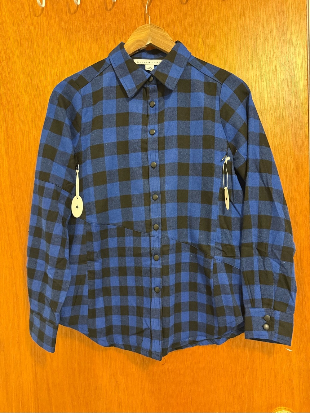 Women's Blue and Black Buffalo Check Button-Up Blouse